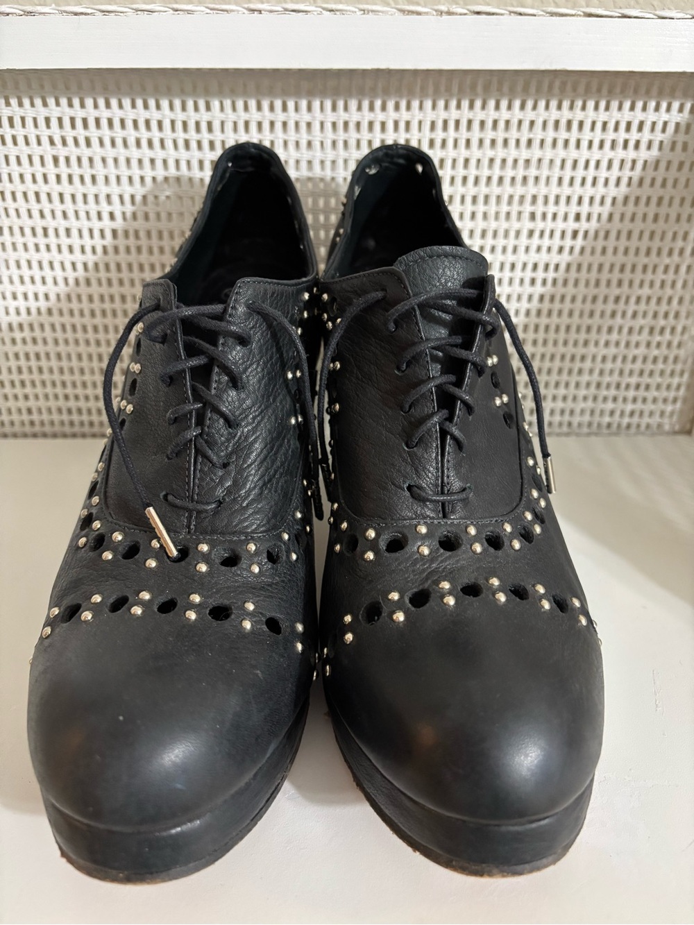Calleen Cordero Black Studded Leather Lace-Up Oxfords with High Heels - Near New - Picture 3 of 11